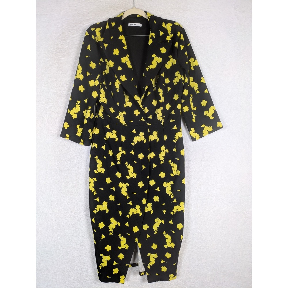 Arizona Blazer Dress Women's L Black Yellow Floral Notched Lapel 3/4 Sleeve Bold